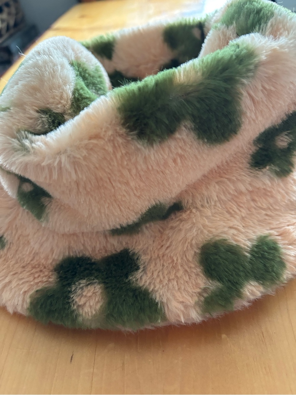 4 for $25- Peach Faux Fur Bucket Hat with Green Floral Pattern - Picture 3 of 5